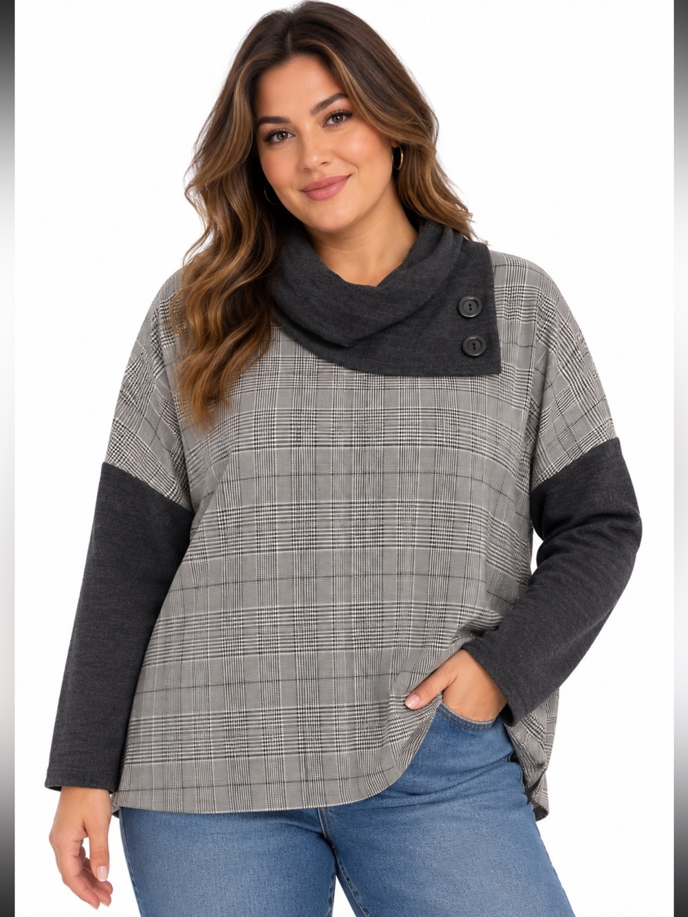 Chris & Carol Plus Plaid Cowl Neck Tunic Top Gray Black Colorblock